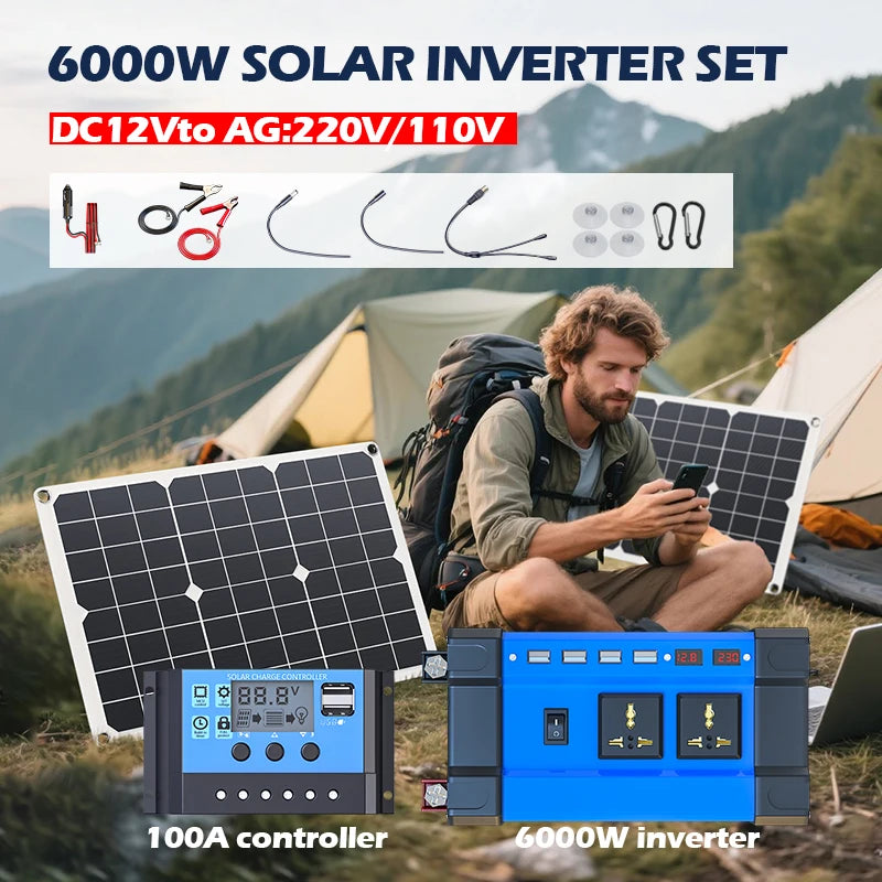 6000W Solar Inverter Kit 600W Solar Panel 100A Charge Controller 12V/110V/220V Off-Grid Power System