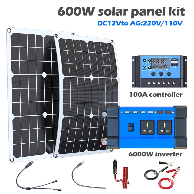 6000W Solar Inverter Kit 600W Solar Panel 100A Charge Controller 12V/110V/220V Off-Grid Power System