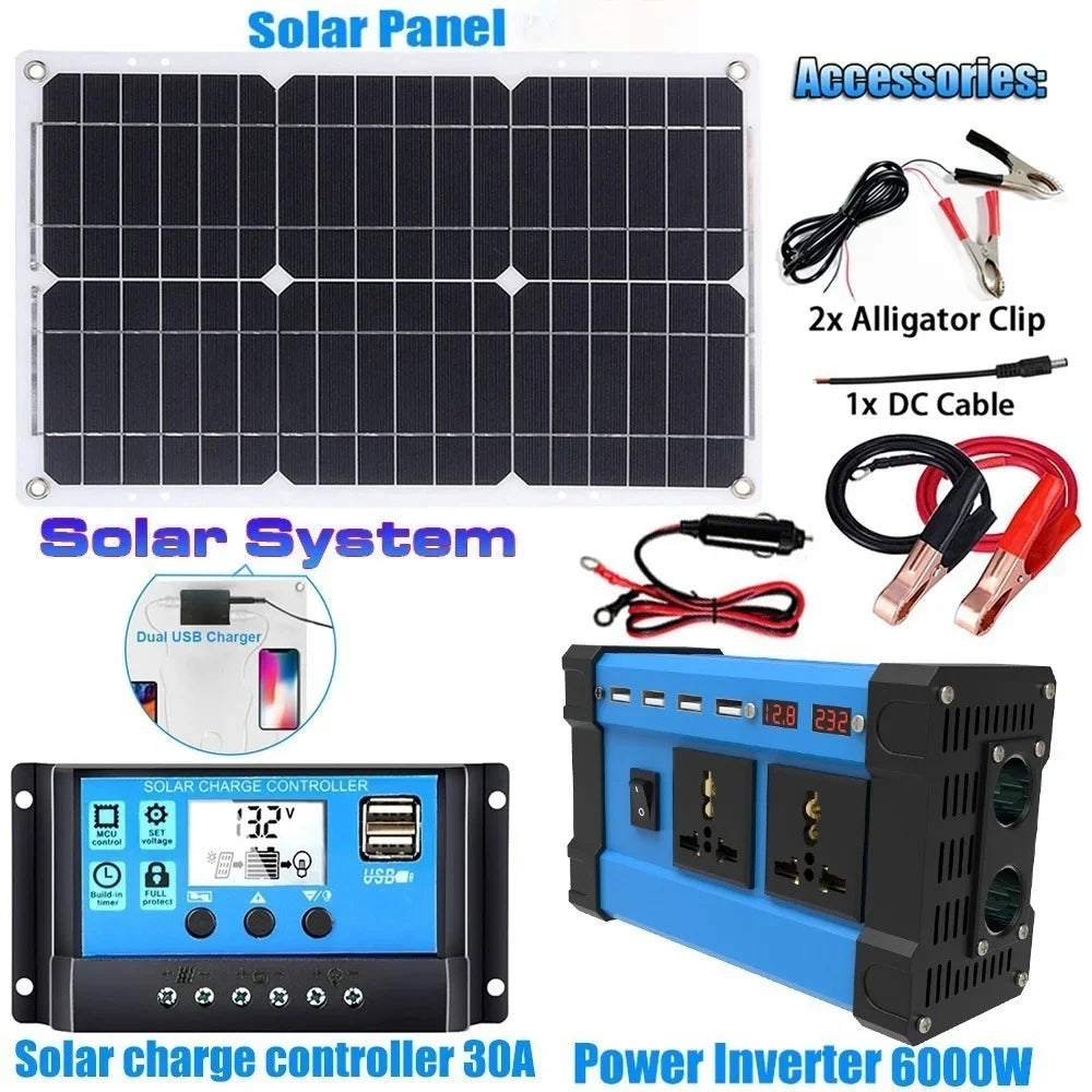 6000W Solar Inverter Kit 600W Solar Panel 100A Charge Controller 12V/110V/220V Off-Grid Power System
