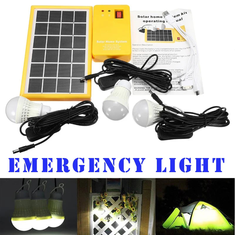 3pc/2pc Bulbs Solar Panel Camping Outdoor Lighting Kit Home DC System 4 in 1 Emergency and Mobile Phone Charger for Garden Night