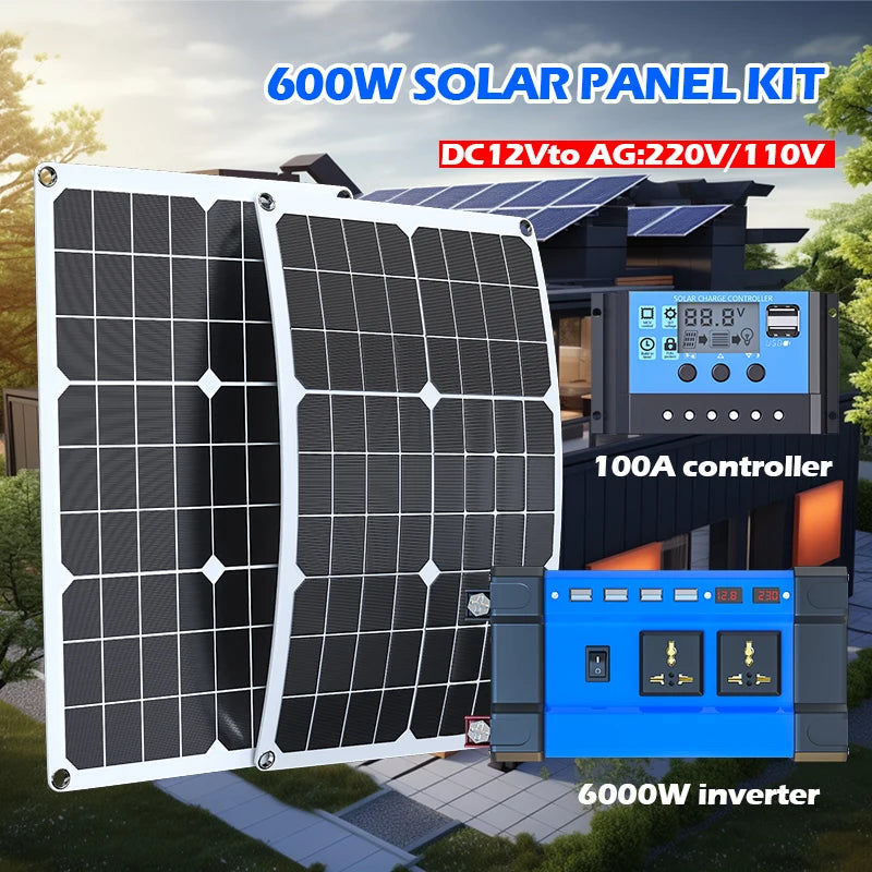 6000W Solar Inverter Kit 600W Solar Panel 100A Charge Controller 12V/110V/220V Off-Grid Power System