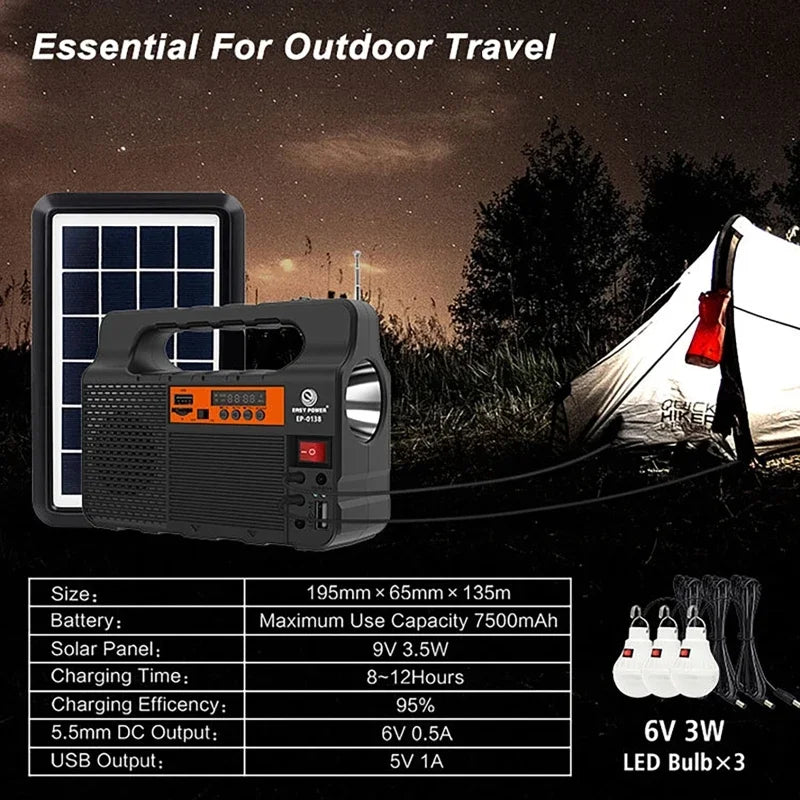 Portable Power Station Solar Lighting System with 3 Bulb 6W Solar Panel Outdoor Camping Power Bank Emergency Mobile Power Supply